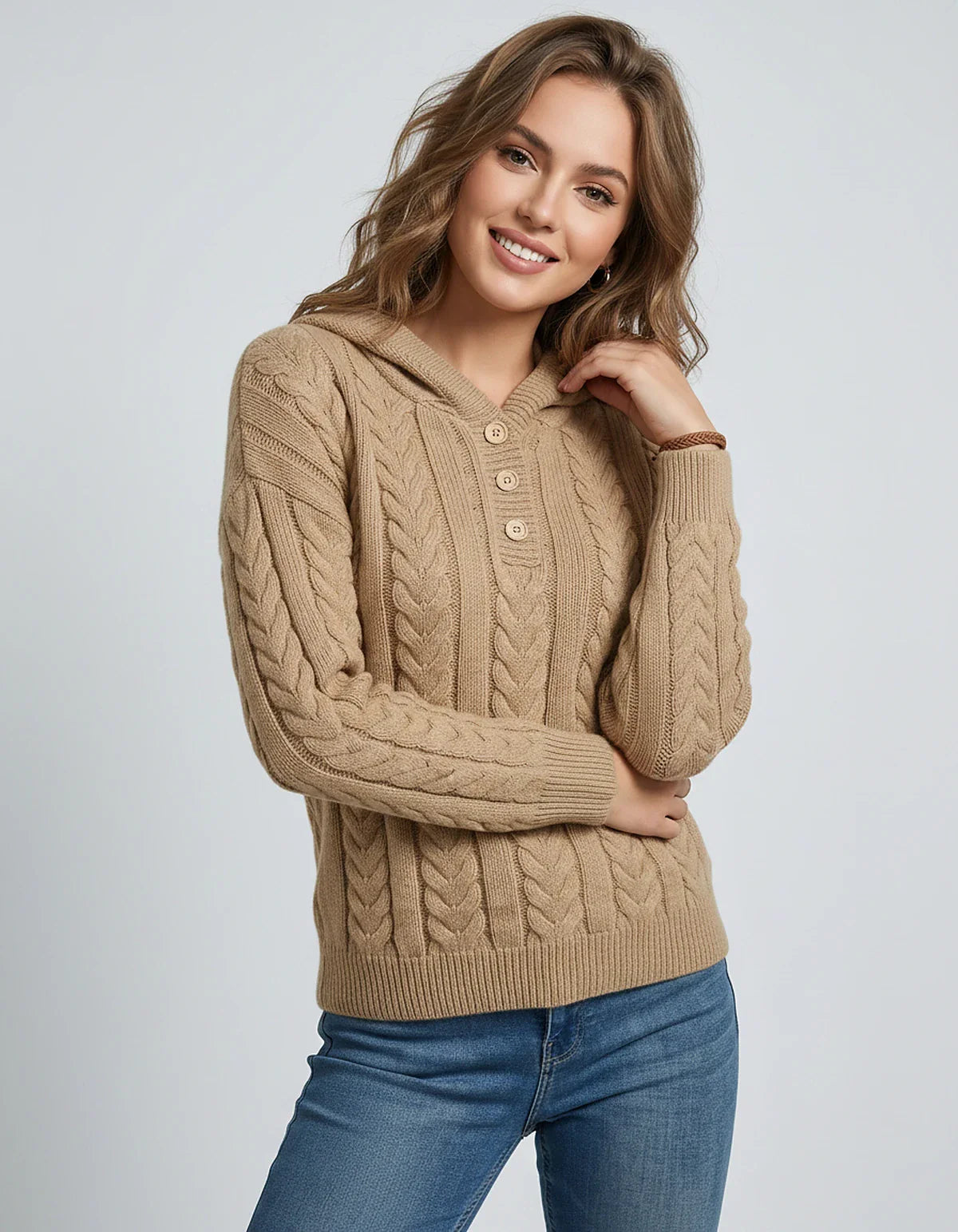Women’s Cable Knit Hooded Knitwear Pullover with Button Placket, Heavyweight Relaxed Fit Sweater for Autumn Winter Layering, | SKU: VK-583721946-KHAKI-L,VK-583721946-KHAKI-M,VK-583721946-KHAKI-S,VK-583721946-KHAKI-XL,VK-583721946-KHAKI-XS
