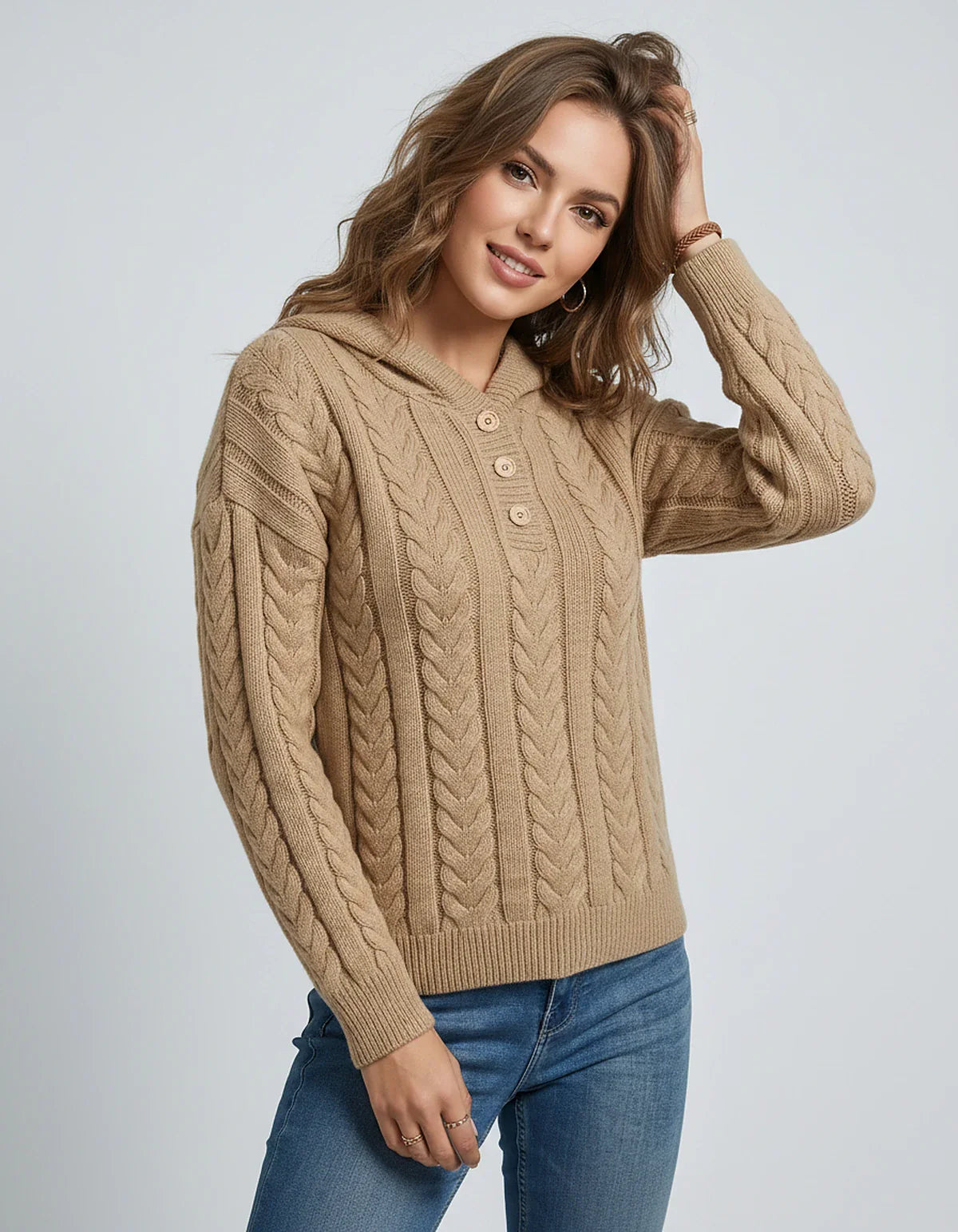 Women’s Cable Knit Hooded Knitwear Pullover with Button Placket, Heavyweight Relaxed Fit Sweater for Autumn Winter Layering, | SKU: VK-583721946-KHAKI-L,VK-583721946-KHAKI-M,VK-583721946-KHAKI-S,VK-583721946-KHAKI-XL,VK-583721946-KHAKI-XS