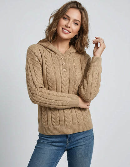 Women’s Cable Knit Hooded Knitwear Pullover with Button Placket, Heavyweight Relaxed Fit Sweater for Autumn Winter Layering, | SKU: VK-583721946-KHAKI-L,VK-583721946-KHAKI-M,VK-583721946-KHAKI-S,VK-583721946-KHAKI-XL,VK-583721946-KHAKI-XS