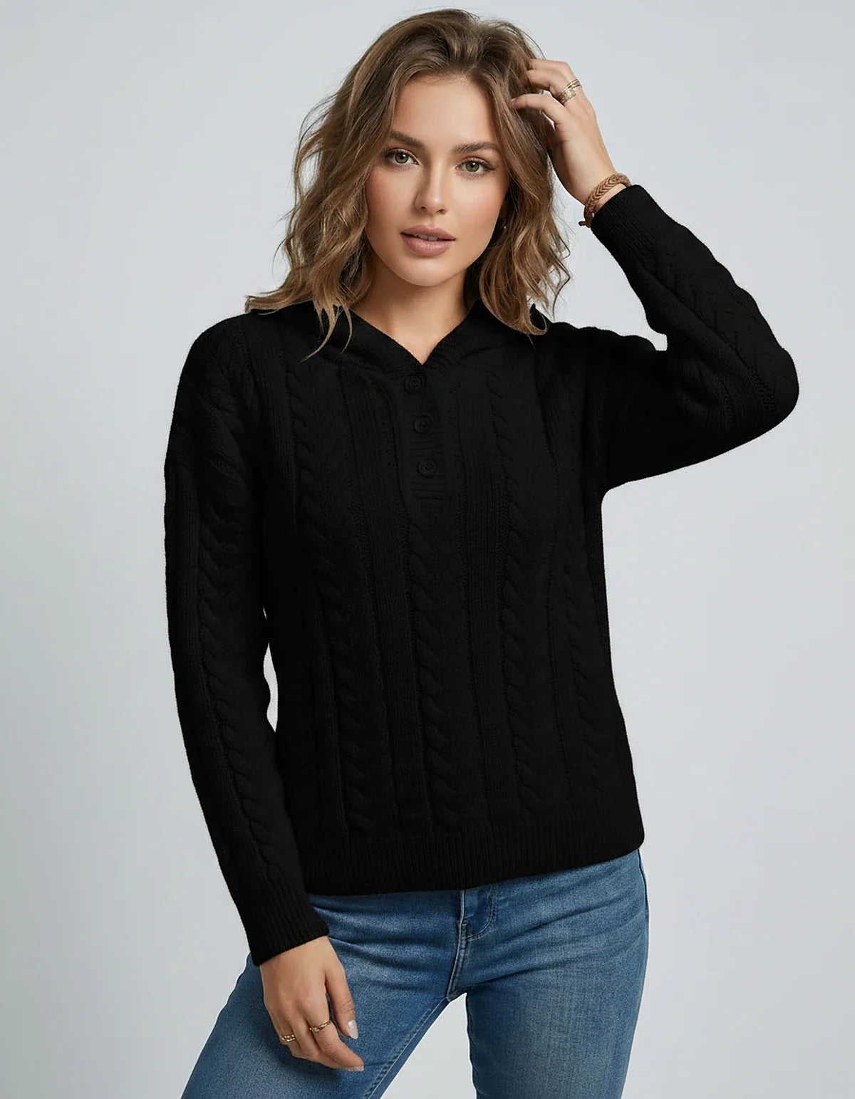 Women’s Cable Knit Hooded Knitwear Pullover with Button Placket, Heavyweight Relaxed Fit Sweater for Autumn Winter Layering, 