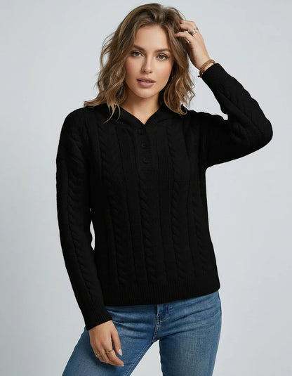 Women’s Cable Knit Hooded Knitwear Pullover with Button Placket, Heavyweight Relaxed Fit Sweater for Autumn Winter Layering, 