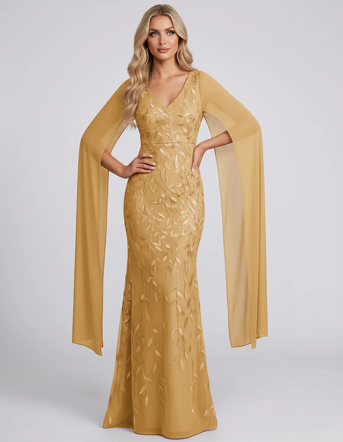 Tulle Flutter Sleeve V-Neck Fitted Maxi Dress with Sequin Lace Appliqués for Party, Cocktail, Evening, Wedding Guest & Summer | SKU: VMD-582741963851724-GOLD-L,VMD-582741963851724-GOLD-M,VMD-582741963851724-GOLD-S,VMD-582741963851724-GOLD-XL,VMD-582741963851724-GOLD-XS