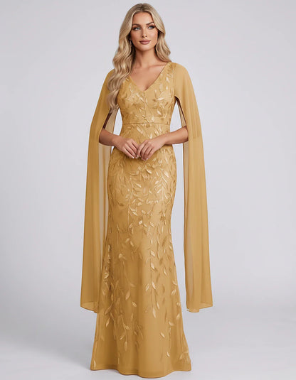 Tulle Flutter Sleeve V-Neck Fitted Maxi Dress with Sequin Lace Appliqués for Party, Cocktail, Evening, Wedding Guest & Summer | SKU: VMD-582741963851724-GOLD-L,VMD-582741963851724-GOLD-M,VMD-582741963851724-GOLD-S,VMD-582741963851724-GOLD-XL,VMD-582741963851724-GOLD-XS