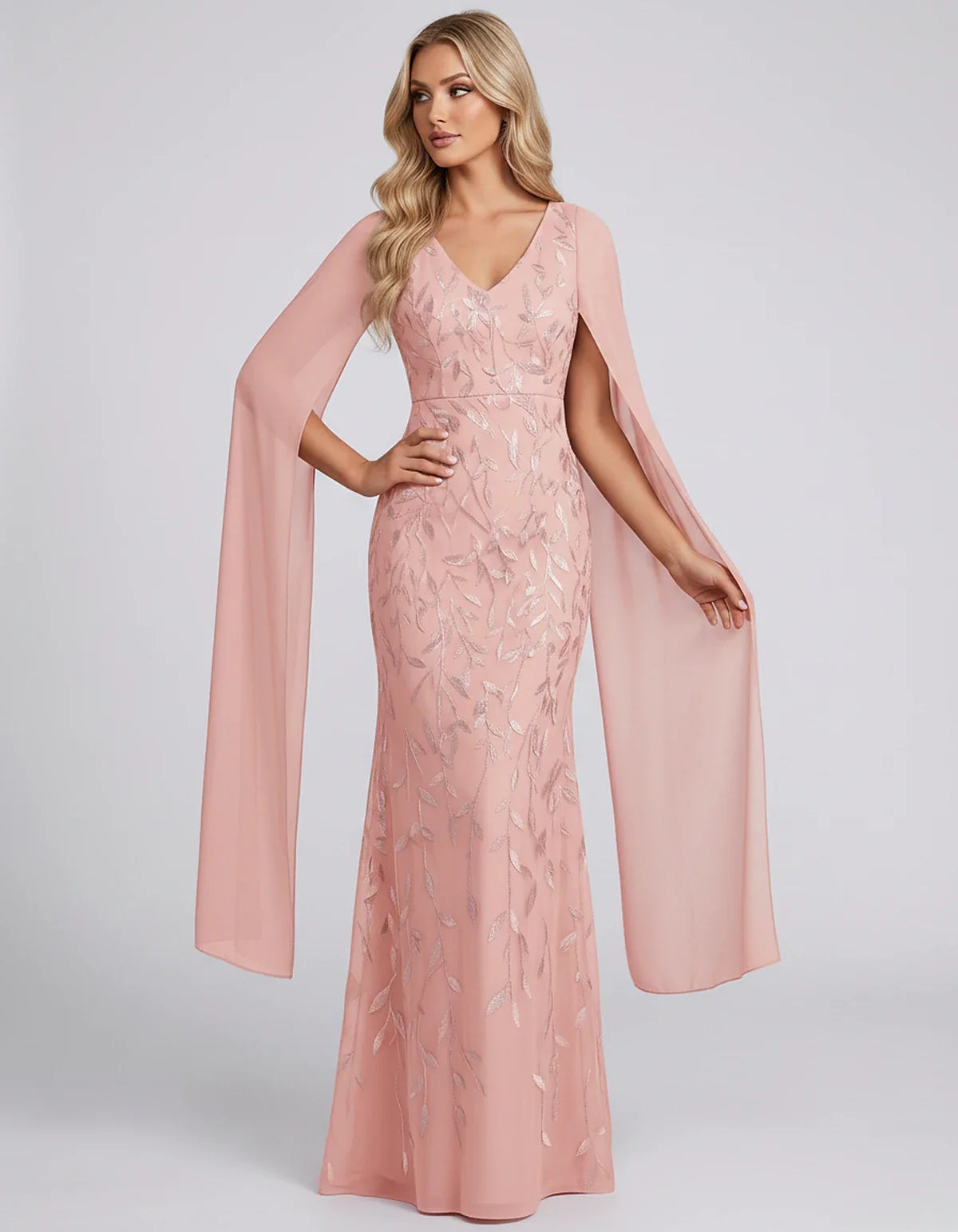 Tulle Flutter Sleeve V-Neck Fitted Maxi Dress with Sequin Lace Appliqués for Party, Cocktail, Evening, Wedding Guest & Summer | SKU: VMD-582741963851724-BLUSH-L,VMD-582741963851724-BLUSH-M,VMD-582741963851724-BLUSH-S,VMD-582741963851724-BLUSH-XL,VMD-582741963851724-BLUSH-XS