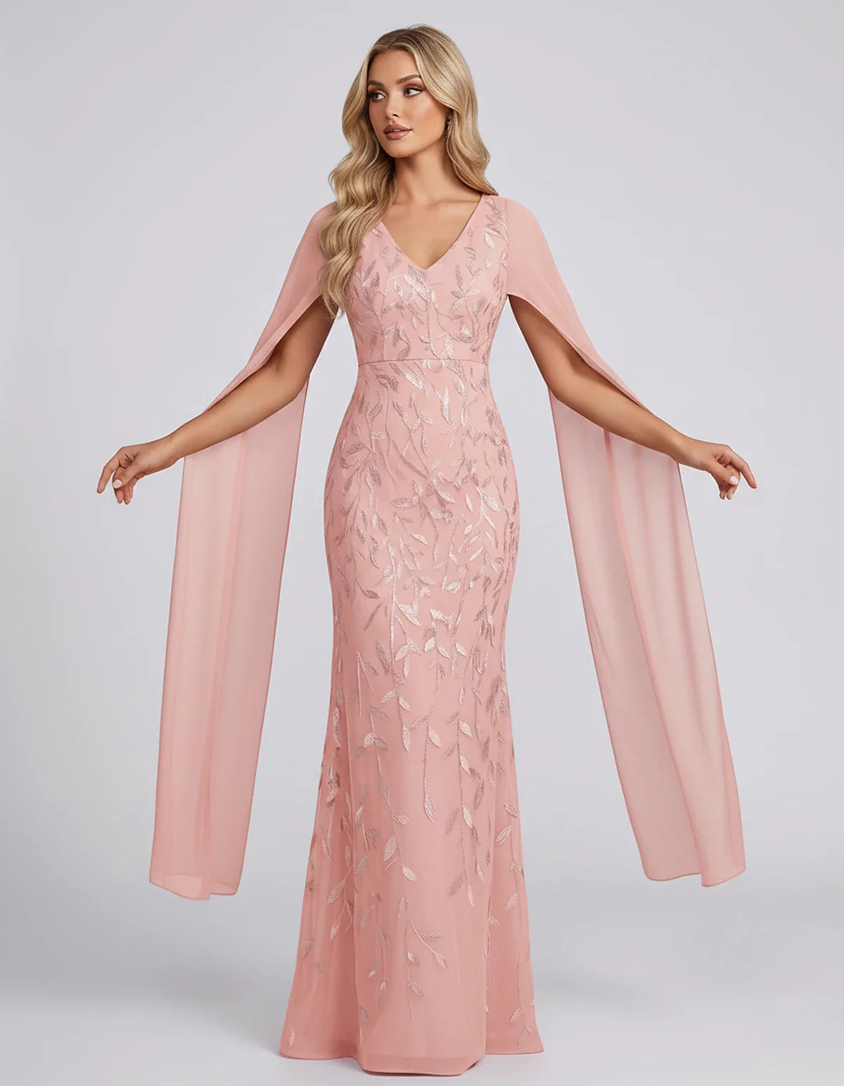 Tulle Flutter Sleeve V-Neck Fitted Maxi Dress with Sequin Lace Appliqués for Party, Cocktail, Evening, Wedding Guest & Summer | SKU: VMD-582741963851724-BLUSH-L,VMD-582741963851724-BLUSH-M,VMD-582741963851724-BLUSH-S,VMD-582741963851724-BLUSH-XL,VMD-582741963851724-BLUSH-XS