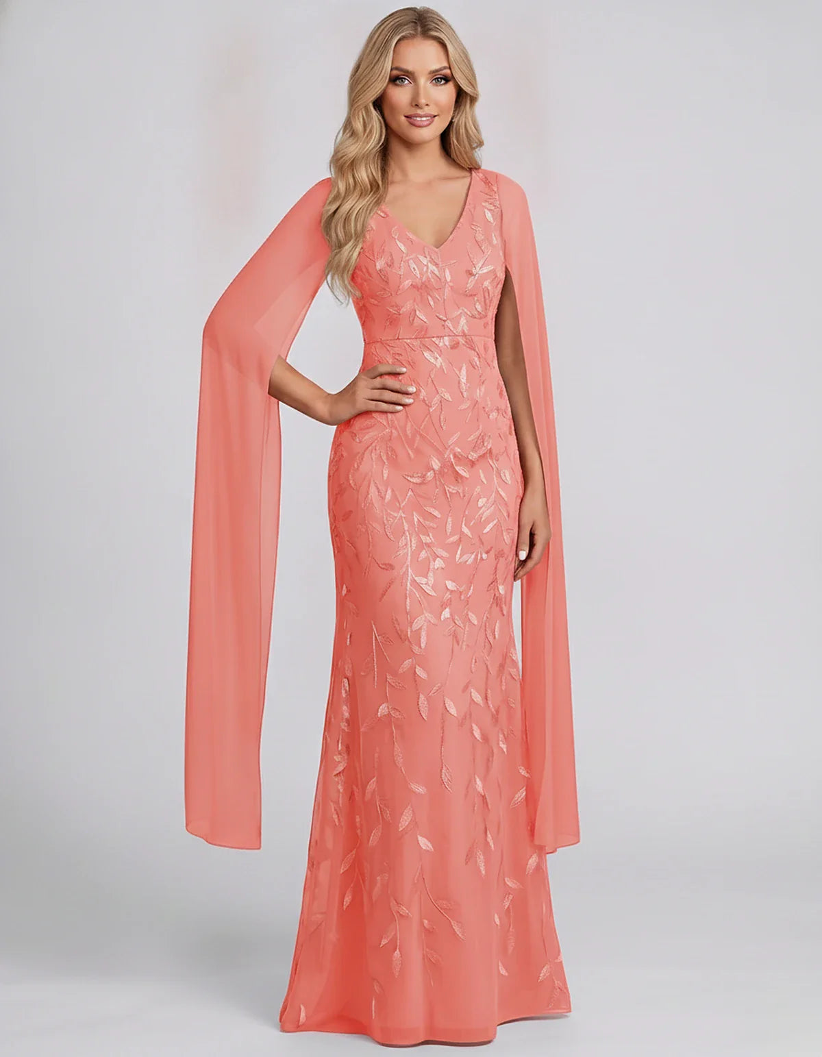 Tulle Flutter Sleeve V-Neck Fitted Maxi Dress with Sequin Lace Appliqués for Party, Cocktail, Evening, Wedding Guest & Summer | SKU: VMD-582741963851724-CORAL-L,VMD-582741963851724-CORAL-M,VMD-582741963851724-CORAL-S,VMD-582741963851724-CORAL-XL,VMD-582741963851724-CORAL-XS