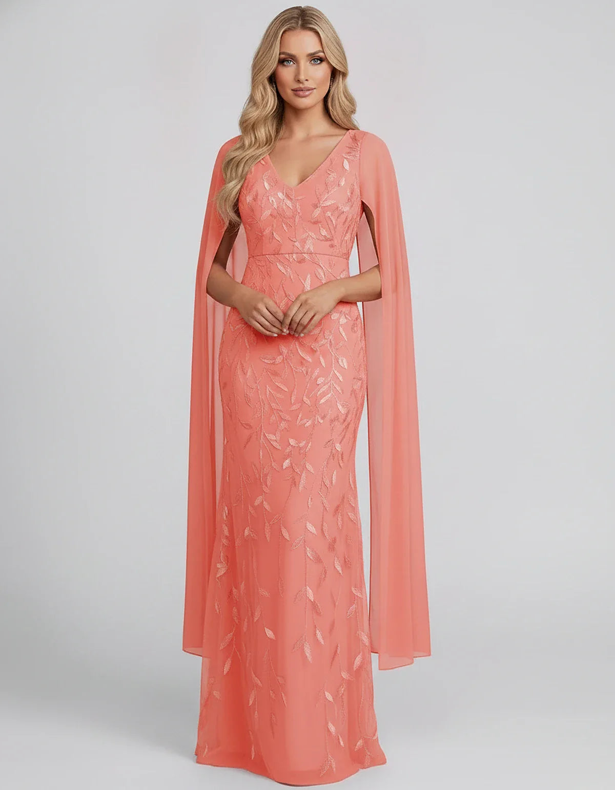 Tulle Flutter Sleeve V-Neck Fitted Maxi Dress with Sequin Lace Appliqués for Party, Cocktail, Evening, Wedding Guest & Summer | SKU: VMD-582741963851724-CORAL-L,VMD-582741963851724-CORAL-M,VMD-582741963851724-CORAL-S,VMD-582741963851724-CORAL-XL,VMD-582741963851724-CORAL-XS