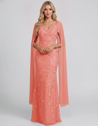 Tulle Flutter Sleeve V-Neck Fitted Maxi Dress with Sequin Lace Appliqués for Party, Cocktail, Evening, Wedding Guest & Summer | SKU: VMD-582741963851724-CORAL-L,VMD-582741963851724-CORAL-M,VMD-582741963851724-CORAL-S,VMD-582741963851724-CORAL-XL,VMD-582741963851724-CORAL-XS