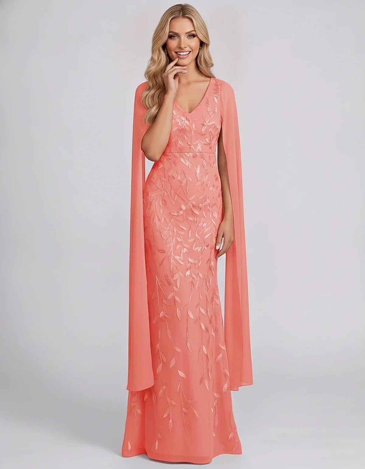 Tulle Flutter Sleeve V-Neck Fitted Maxi Dress with Sequin Lace Appliqués for Party, Cocktail, Evening, Wedding Guest & Summer | SKU: VMD-582741963851724-CORAL-L,VMD-582741963851724-CORAL-M,VMD-582741963851724-CORAL-S,VMD-582741963851724-CORAL-XL,VMD-582741963851724-CORAL-XS