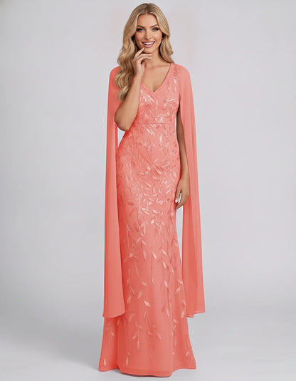Tulle Flutter Sleeve V-Neck Fitted Maxi Dress with Sequin Lace Appliqués for Party, Cocktail, Evening, Wedding Guest & Summer | SKU: VMD-582741963851724-CORAL-L,VMD-582741963851724-CORAL-M,VMD-582741963851724-CORAL-S,VMD-582741963851724-CORAL-XL,VMD-582741963851724-CORAL-XS
