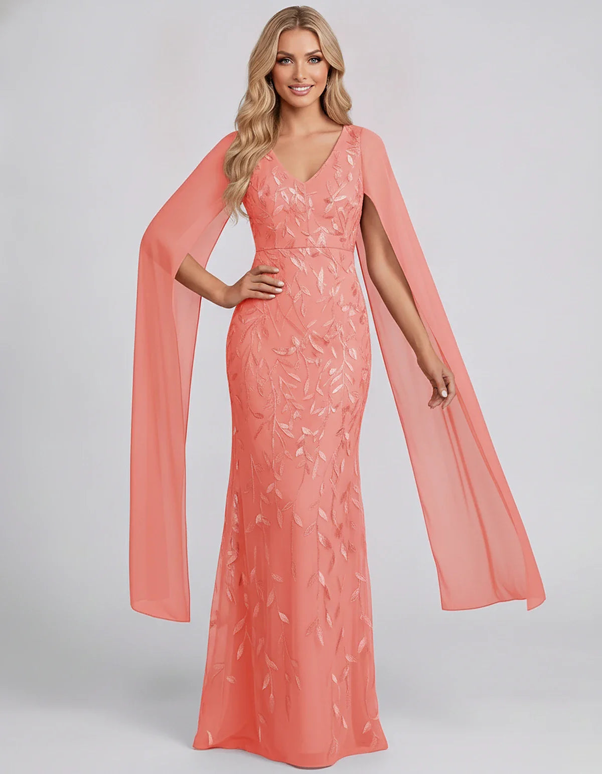 Tulle Flutter Sleeve V-Neck Fitted Maxi Dress with Sequin Lace Appliqués for Party, Cocktail, Evening, Wedding Guest & Summer | SKU: VMD-582741963851724-CORAL-L,VMD-582741963851724-CORAL-M,VMD-582741963851724-CORAL-S,VMD-582741963851724-CORAL-XL,VMD-582741963851724-CORAL-XS