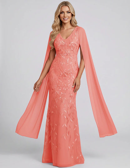 Tulle Flutter Sleeve V-Neck Fitted Maxi Dress with Sequin Lace Appliqués for Party, Cocktail, Evening, Wedding Guest & Summer | SKU: VMD-582741963851724-CORAL-L,VMD-582741963851724-CORAL-M,VMD-582741963851724-CORAL-S,VMD-582741963851724-CORAL-XL,VMD-582741963851724-CORAL-XS
