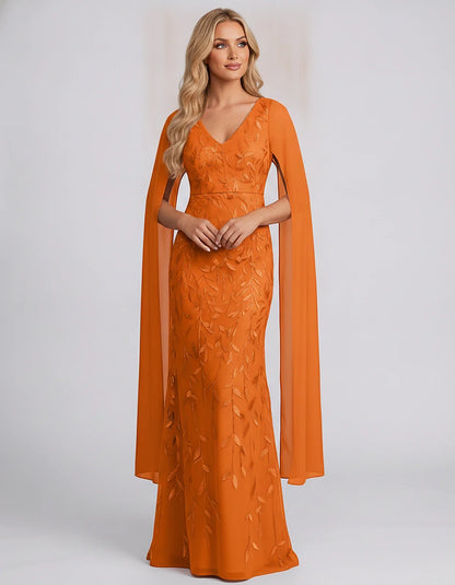 Tulle Flutter Sleeve V-Neck Fitted Maxi Dress with Sequin Lace Appliqués for Party, Cocktail, Evening, Wedding Guest & Summer | SKU: VMD-582741963851724-ORANGE-L,VMD-582741963851724-ORANGE-M,VMD-582741963851724-ORANGE-S,VMD-582741963851724-ORANGE-XL,VMD-582741963851724-ORANGE-XS