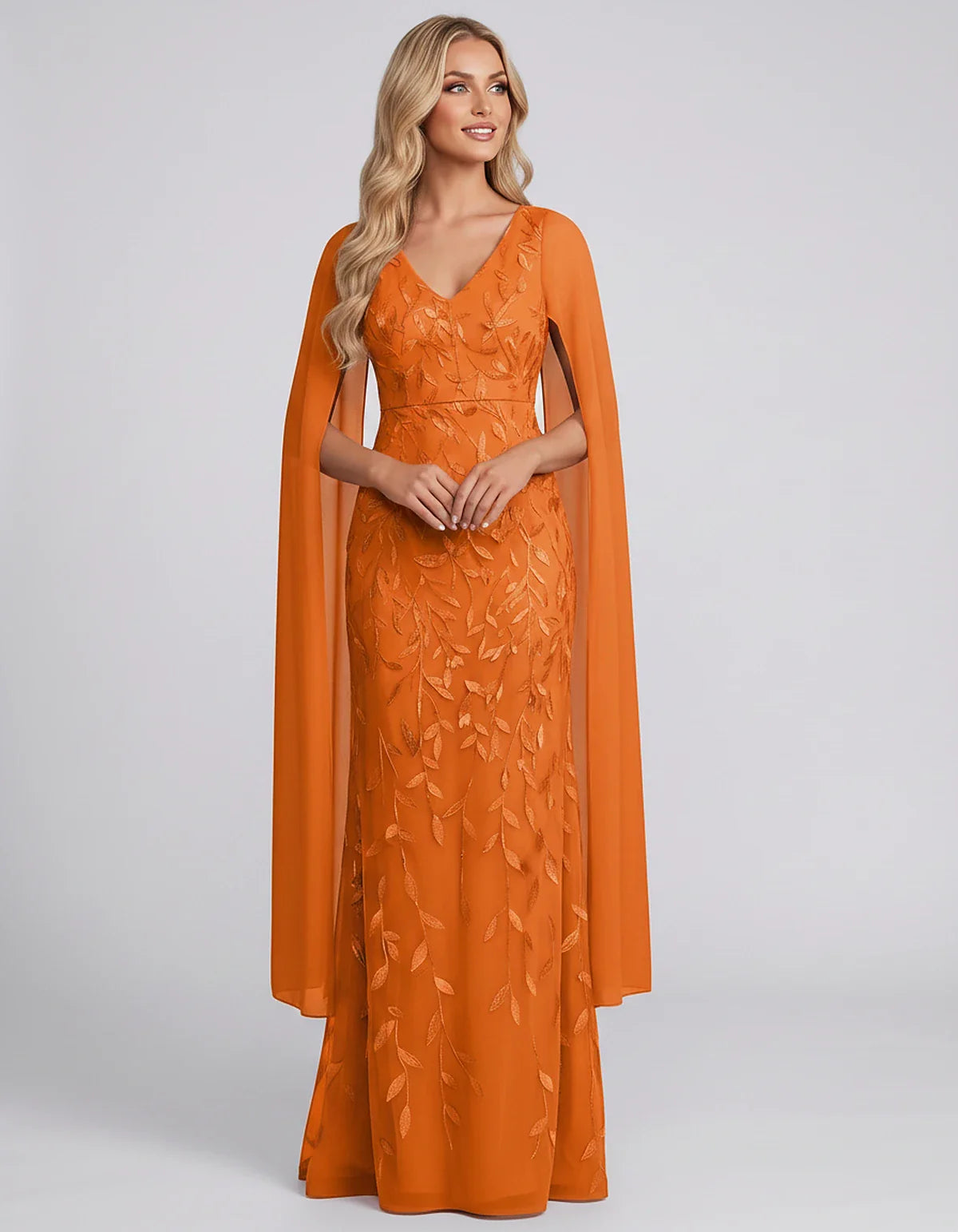 Tulle Flutter Sleeve V-Neck Fitted Maxi Dress with Sequin Lace Appliqués for Party, Cocktail, Evening, Wedding Guest & Summer | SKU: VMD-582741963851724-ORANGE-L,VMD-582741963851724-ORANGE-M,VMD-582741963851724-ORANGE-S,VMD-582741963851724-ORANGE-XL,VMD-582741963851724-ORANGE-XS