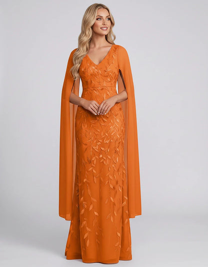 Tulle Flutter Sleeve V-Neck Fitted Maxi Dress with Sequin Lace Appliqués for Party, Cocktail, Evening, Wedding Guest & Summer | SKU: VMD-582741963851724-ORANGE-L,VMD-582741963851724-ORANGE-M,VMD-582741963851724-ORANGE-S,VMD-582741963851724-ORANGE-XL,VMD-582741963851724-ORANGE-XS