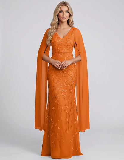 Tulle Flutter Sleeve V-Neck Fitted Maxi Dress with Sequin Lace Appliqués for Party, Cocktail, Evening, Wedding Guest & Summer | SKU: VMD-582741963851724-ORANGE-L,VMD-582741963851724-ORANGE-M,VMD-582741963851724-ORANGE-S,VMD-582741963851724-ORANGE-XL,VMD-582741963851724-ORANGE-XS