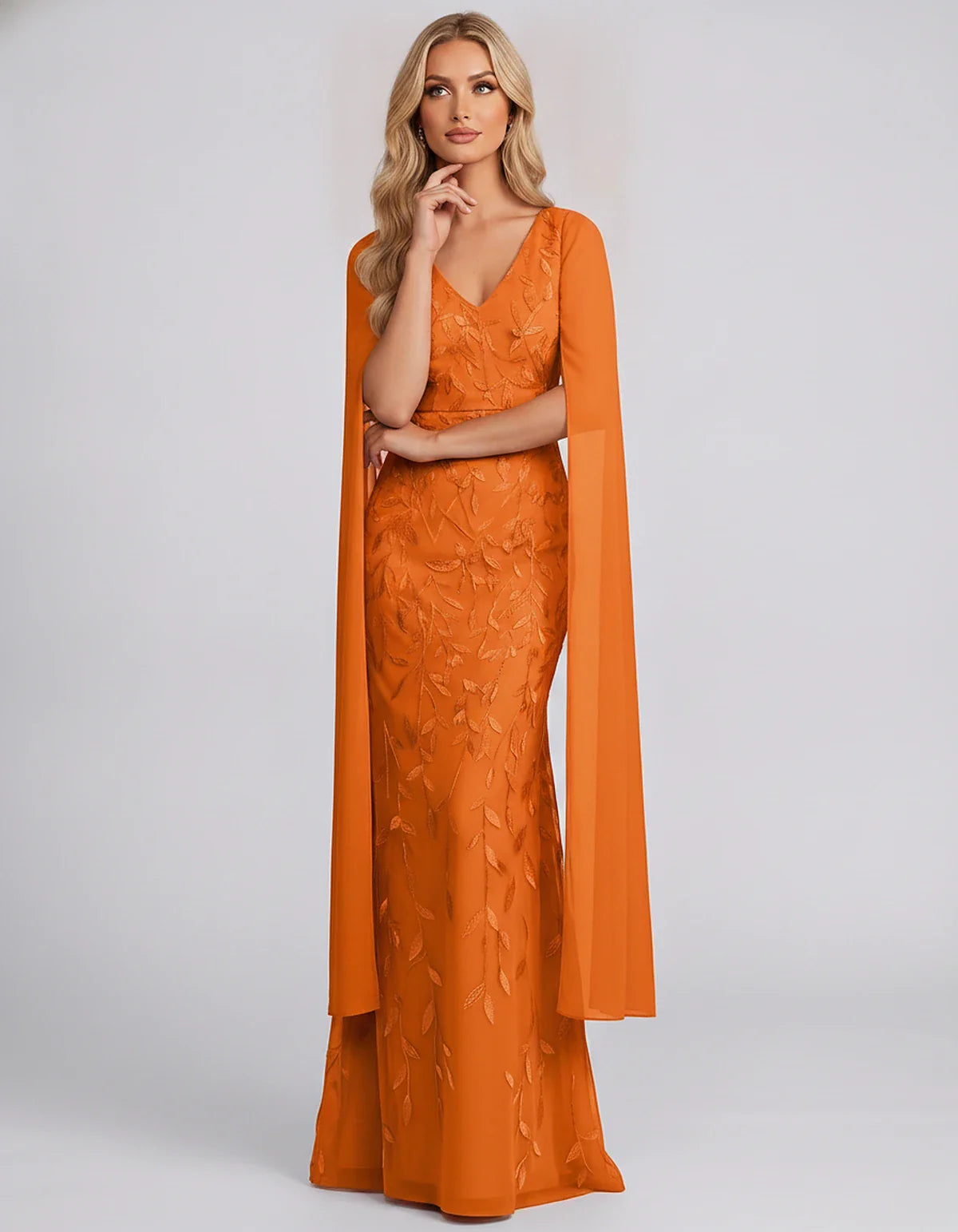 Tulle Flutter Sleeve V-Neck Fitted Maxi Dress with Sequin Lace Appliqués for Party, Cocktail, Evening, Wedding Guest & Summer | SKU: VMD-582741963851724-ORANGE-L,VMD-582741963851724-ORANGE-M,VMD-582741963851724-ORANGE-S,VMD-582741963851724-ORANGE-XL,VMD-582741963851724-ORANGE-XS