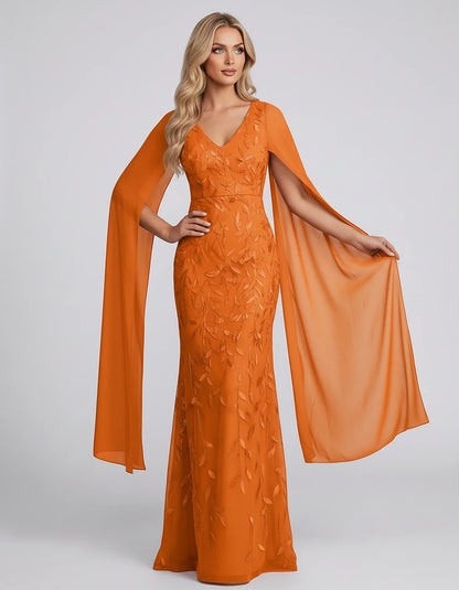 Tulle Flutter Sleeve V-Neck Fitted Maxi Dress with Sequin Lace Appliqués for Party, Cocktail, Evening, Wedding Guest & Summer | SKU: VMD-582741963851724-ORANGE-L,VMD-582741963851724-ORANGE-M,VMD-582741963851724-ORANGE-S,VMD-582741963851724-ORANGE-XL,VMD-582741963851724-ORANGE-XS