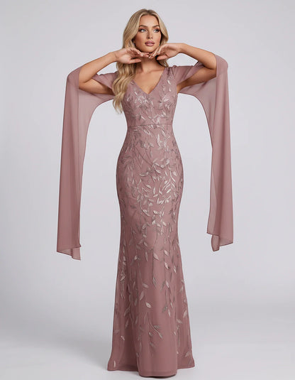 Tulle Flutter Sleeve V-Neck Fitted Maxi Dress with Sequin Lace Appliqués for Party, Cocktail, Evening, Wedding Guest & Summer | SKU: VMD-582741963851724-DUSTYROSE-L,VMD-582741963851724-DUSTYROSE-M,VMD-582741963851724-DUSTYROSE-S,VMD-582741963851724-DUSTYROSE-XL,VMD-582741963851724-DUSTYROSE-XS