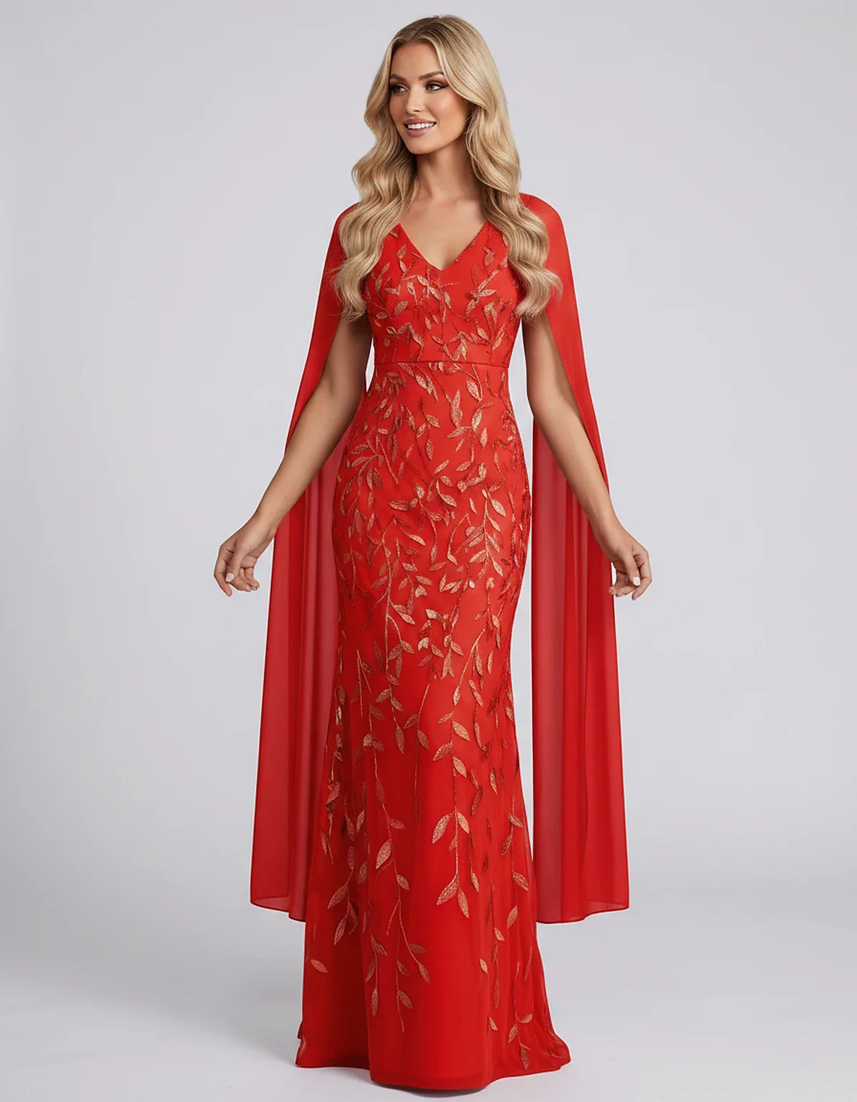 Tulle Flutter Sleeve V-Neck Fitted Maxi Dress with Sequin Lace Appliqués for Party, Cocktail, Evening, Wedding Guest & Summer | SKU: VMD-582741963851724-RED-L,VMD-582741963851724-RED-M,VMD-582741963851724-RED-S,VMD-582741963851724-RED-XL,VMD-582741963851724-RED-XS