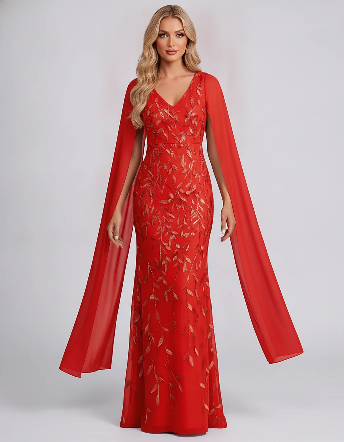 Tulle Flutter Sleeve V-Neck Fitted Maxi Dress with Sequin Lace Appliqués for Party, Cocktail, Evening, Wedding Guest & Summer | SKU: VMD-582741963851724-RED-L,VMD-582741963851724-RED-M,VMD-582741963851724-RED-S,VMD-582741963851724-RED-XL,VMD-582741963851724-RED-XS
