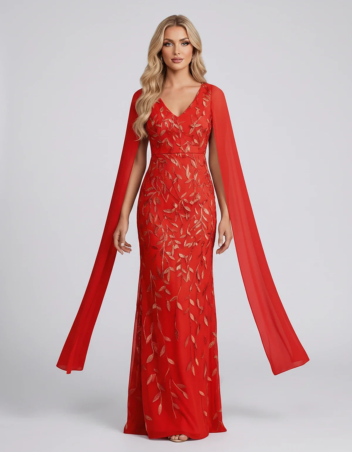 Tulle Flutter Sleeve V-Neck Fitted Maxi Dress with Sequin Lace Appliqués for Party, Cocktail, Evening, Wedding Guest & Summer | SKU: VMD-582741963851724-RED-L,VMD-582741963851724-RED-M,VMD-582741963851724-RED-S,VMD-582741963851724-RED-XL,VMD-582741963851724-RED-XS