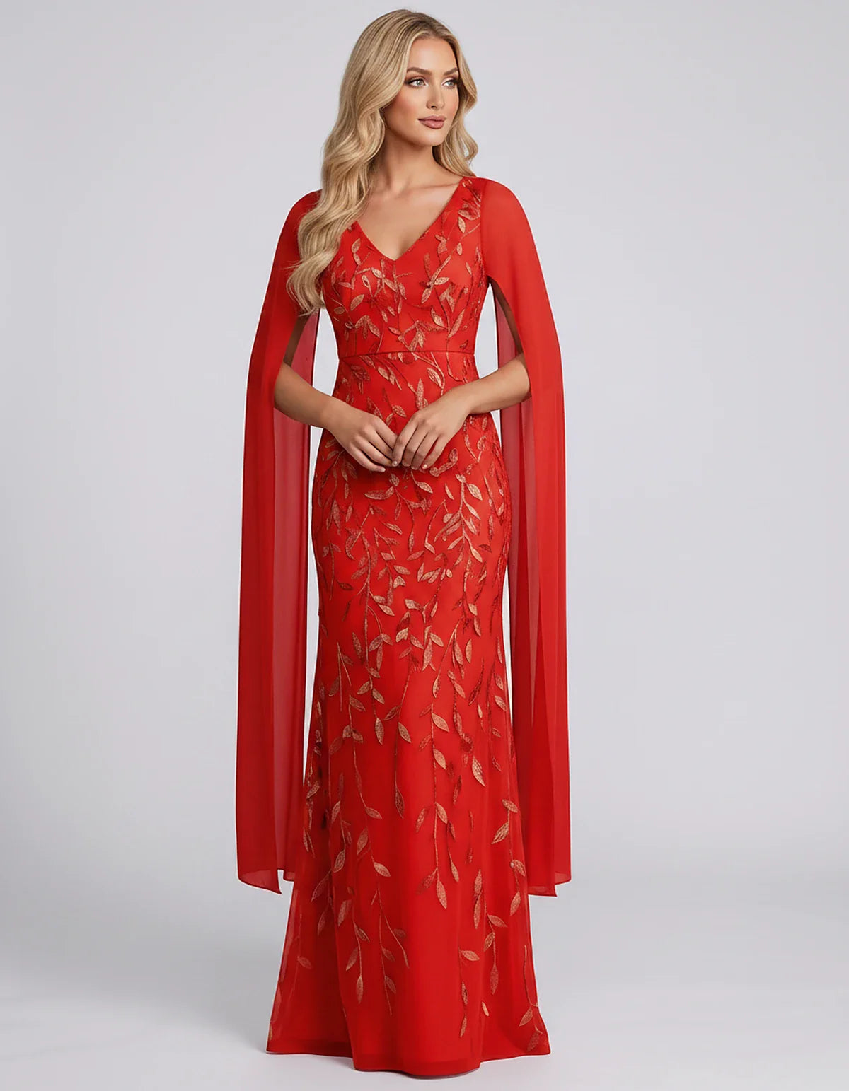 Tulle Flutter Sleeve V-Neck Fitted Maxi Dress with Sequin Lace Appliqués for Party, Cocktail, Evening, Wedding Guest & Summer | SKU: VMD-582741963851724-RED-L,VMD-582741963851724-RED-M,VMD-582741963851724-RED-S,VMD-582741963851724-RED-XL,VMD-582741963851724-RED-XS