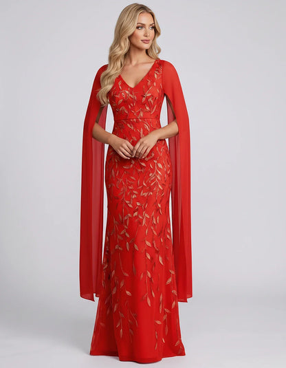 Tulle Flutter Sleeve V-Neck Fitted Maxi Dress with Sequin Lace Appliqués for Party, Cocktail, Evening, Wedding Guest & Summer | SKU: VMD-582741963851724-RED-L,VMD-582741963851724-RED-M,VMD-582741963851724-RED-S,VMD-582741963851724-RED-XL,VMD-582741963851724-RED-XS