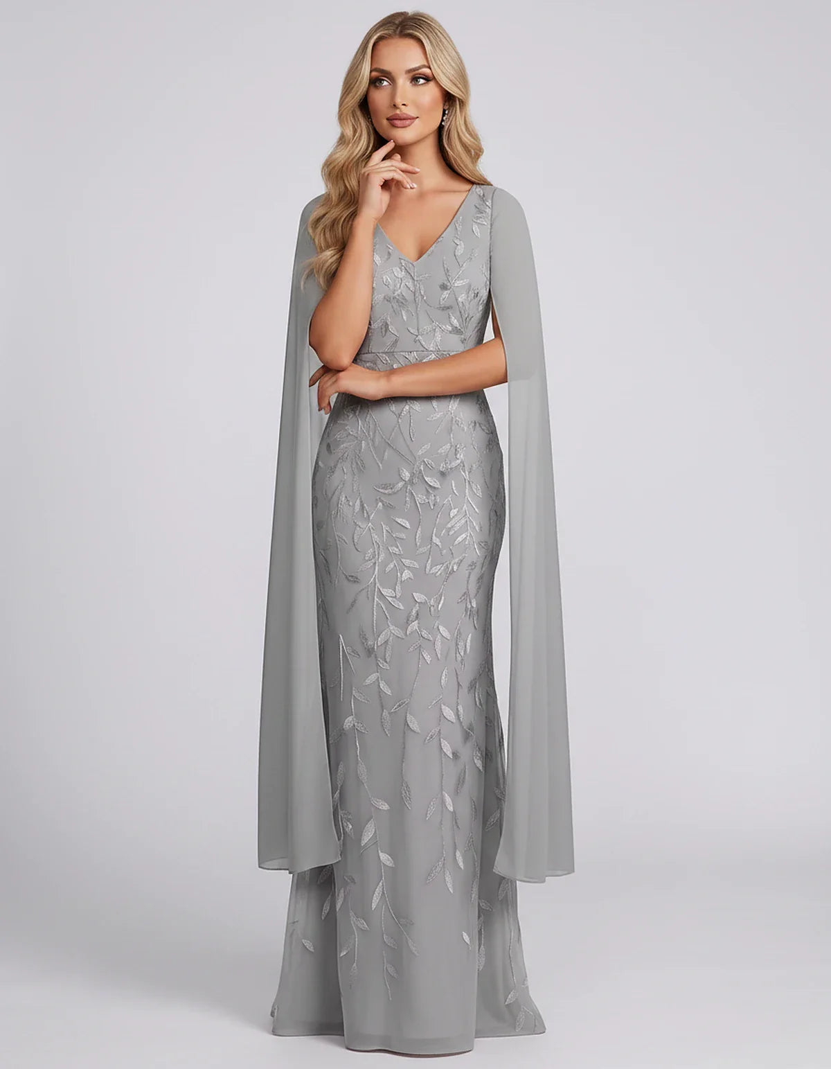 Tulle Flutter Sleeve V-Neck Fitted Maxi Dress with Sequin Lace Appliqués for Party, Cocktail, Evening, Wedding Guest & Summer | SKU: VMD-582741963851724-SILVER-L,VMD-582741963851724-SILVER-M,VMD-582741963851724-SILVER-S,VMD-582741963851724-SILVER-XL,VMD-582741963851724-SILVER-XS