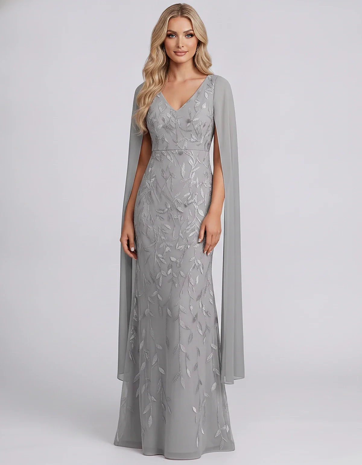 Tulle Flutter Sleeve V-Neck Fitted Maxi Dress with Sequin Lace Appliqués for Party, Cocktail, Evening, Wedding Guest & Summer | SKU: VMD-582741963851724-SILVER-L,VMD-582741963851724-SILVER-M,VMD-582741963851724-SILVER-S,VMD-582741963851724-SILVER-XL,VMD-582741963851724-SILVER-XS