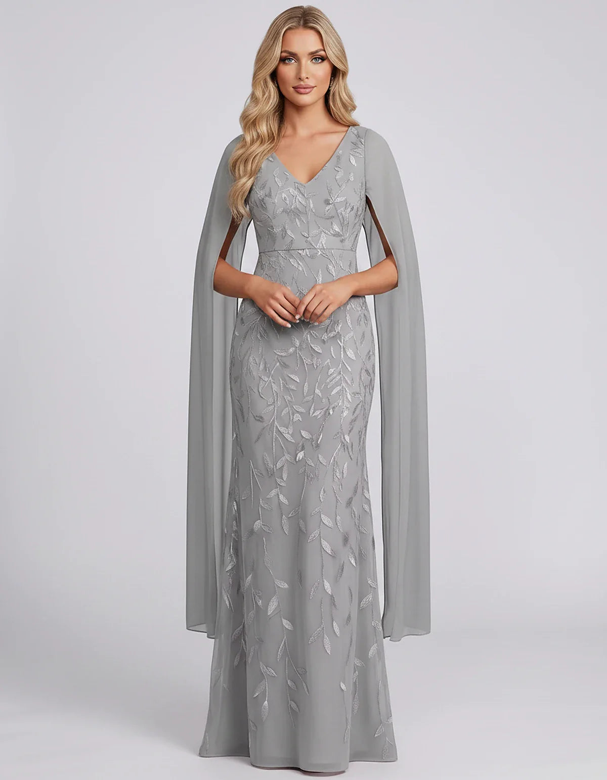Tulle Flutter Sleeve V-Neck Fitted Maxi Dress with Sequin Lace Appliqués for Party, Cocktail, Evening, Wedding Guest & Summer | SKU: VMD-582741963851724-SILVER-L,VMD-582741963851724-SILVER-M,VMD-582741963851724-SILVER-S,VMD-582741963851724-SILVER-XL,VMD-582741963851724-SILVER-XS