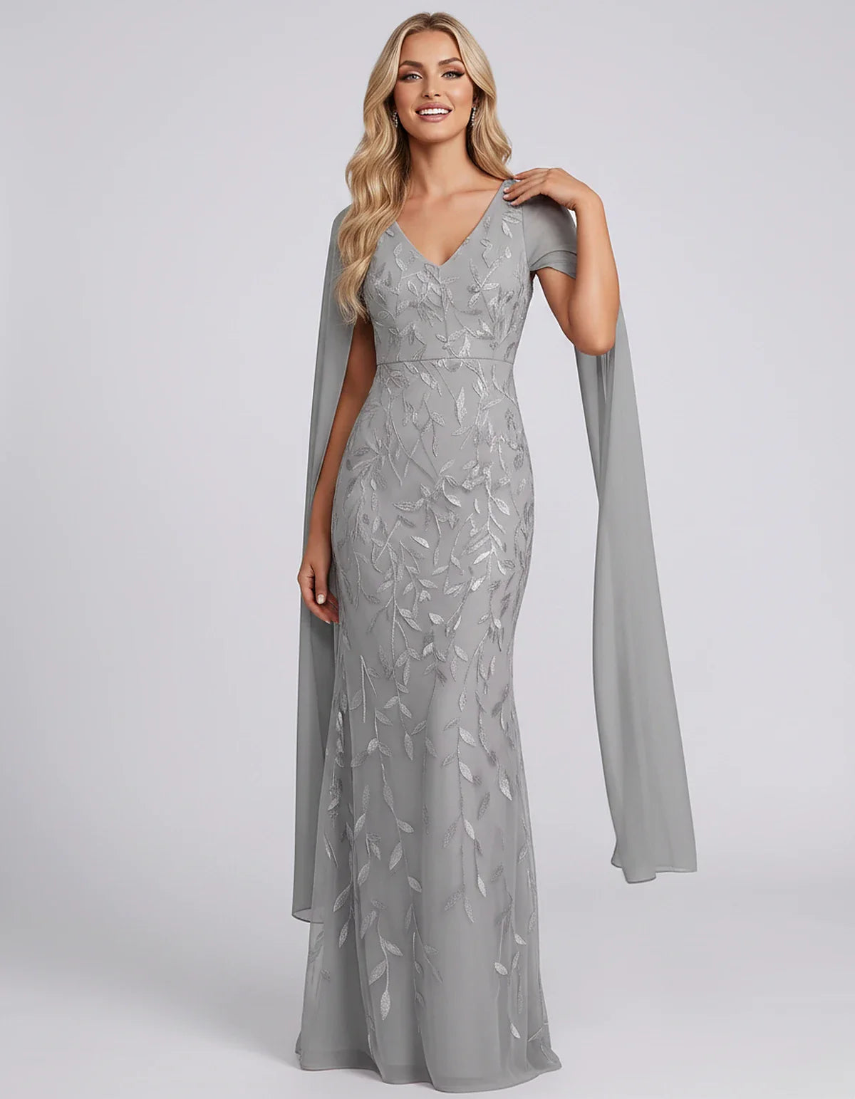 Tulle Flutter Sleeve V-Neck Fitted Maxi Dress with Sequin Lace Appliqués for Party, Cocktail, Evening, Wedding Guest & Summer | SKU: VMD-582741963851724-SILVER-L,VMD-582741963851724-SILVER-M,VMD-582741963851724-SILVER-S,VMD-582741963851724-SILVER-XL,VMD-582741963851724-SILVER-XS