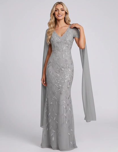 Tulle Flutter Sleeve V-Neck Fitted Maxi Dress with Sequin Lace Appliqués for Party, Cocktail, Evening, Wedding Guest & Summer | SKU: VMD-582741963851724-SILVER-L,VMD-582741963851724-SILVER-M,VMD-582741963851724-SILVER-S,VMD-582741963851724-SILVER-XL,VMD-582741963851724-SILVER-XS