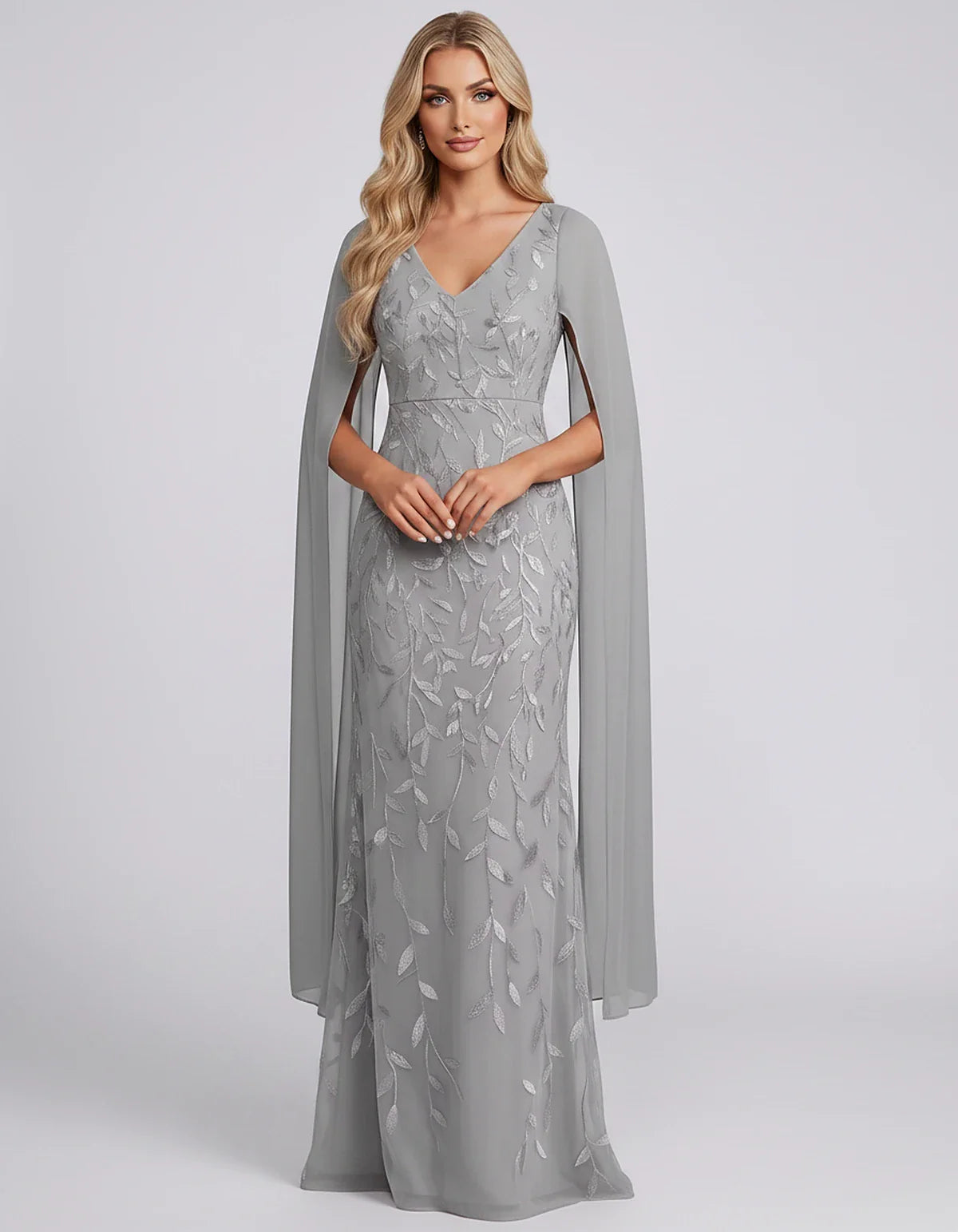 Tulle Flutter Sleeve V-Neck Fitted Maxi Dress with Sequin Lace Appliqués for Party, Cocktail, Evening, Wedding Guest & Summer | SKU: VMD-582741963851724-SILVER-L,VMD-582741963851724-SILVER-M,VMD-582741963851724-SILVER-S,VMD-582741963851724-SILVER-XL,VMD-582741963851724-SILVER-XS
