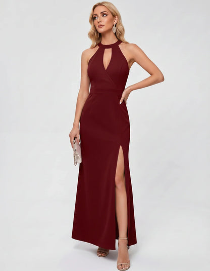 Polyester Sleeveless Halter Fit and Flare Maxi Dress for Party, Cocktail, Evening, Wedding Guest, Summer Events, front view | | SKU: VMD-583721946158374-GREY-L,VMD-583721946158374-GREY-M,VMD-583721946158374-GREY-S,VMD-583721946158374-GREY-XL,VMD-583721946158374-GREY-XS