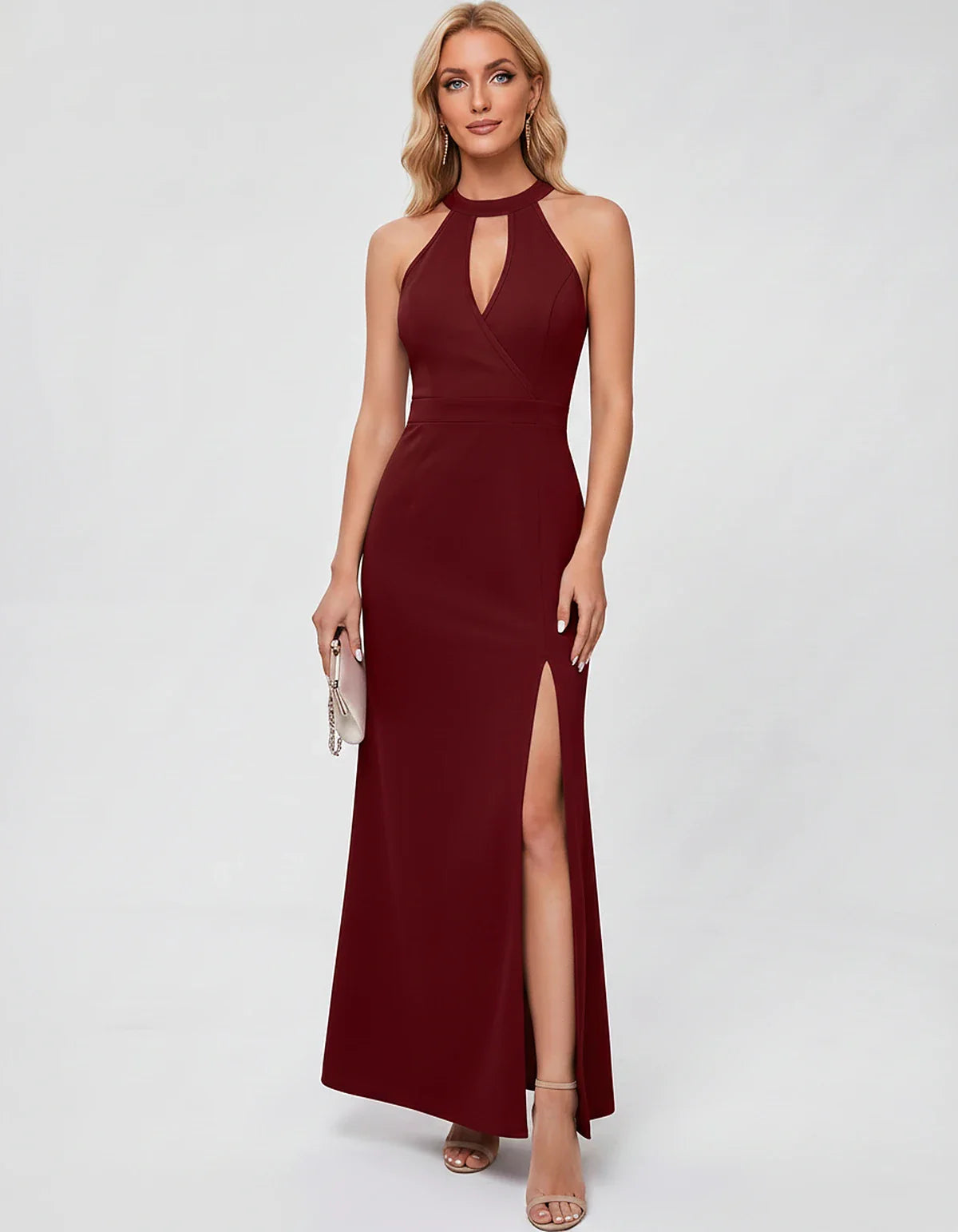 Polyester Sleeveless Halter Fit and Flare Maxi Dress for Party, Cocktail, Evening, Wedding Guest, Summer Events, front view | | SKU: VMD-583721946158374-RED-M,VMD-583721946158374-RED-S,VMD-583721946158374-RED-XL,VMD-583721946158374-RED-XS,VMD-583721946158374-RED-XS