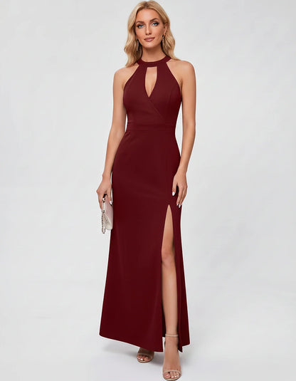 Polyester Sleeveless Halter Fit and Flare Maxi Dress for Party, Cocktail, Evening, Wedding Guest, Summer Events, front view | | SKU: VMD-583721946158374-RED-M,VMD-583721946158374-RED-S,VMD-583721946158374-RED-XL,VMD-583721946158374-RED-XS,VMD-583721946158374-RED-XS