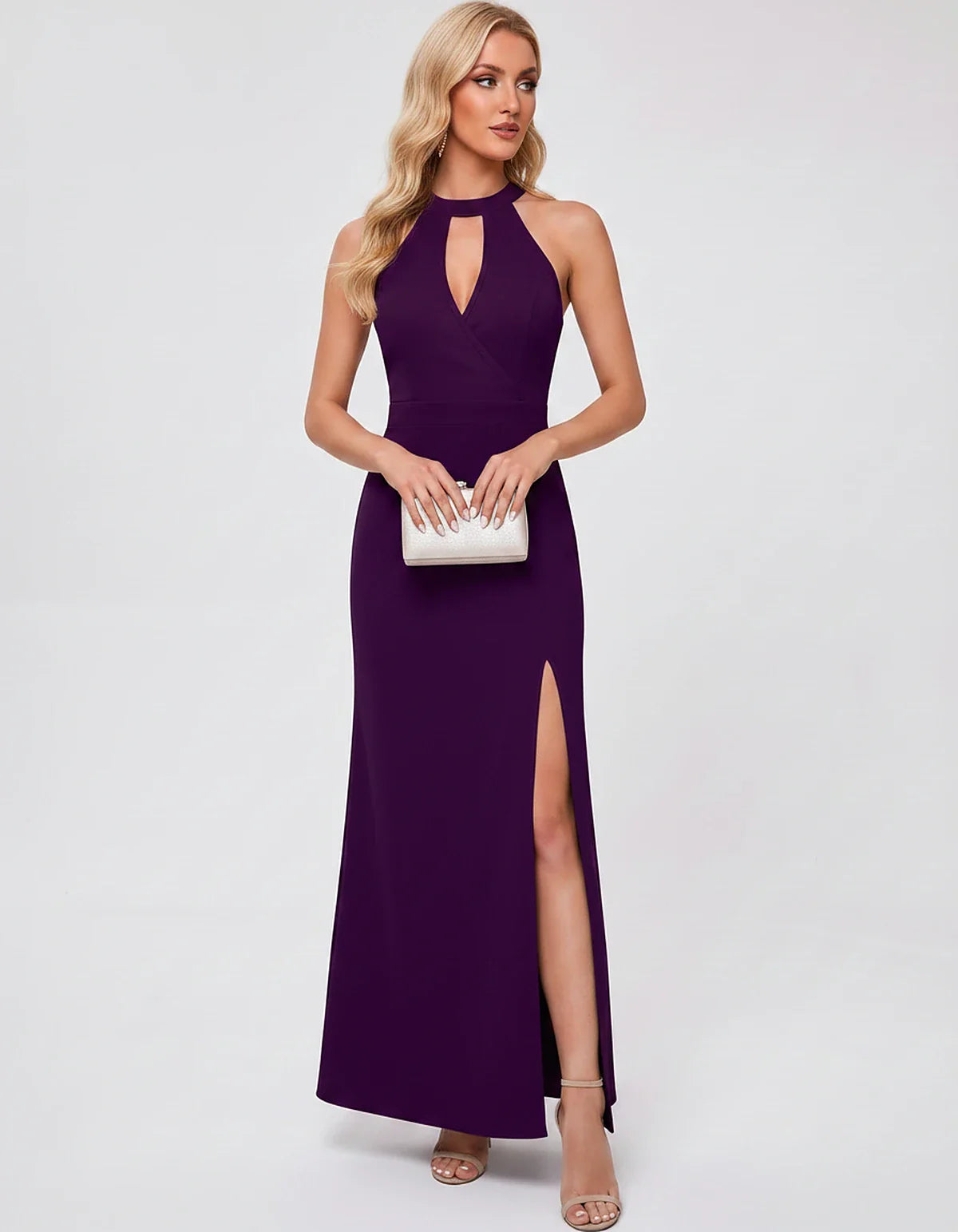 Polyester Sleeveless Halter Fit and Flare Maxi Dress for Party, Cocktail, Evening, Wedding Guest, Summer Events, front view | | SKU: VMD-583721946158374-PURPLE-L,VMD-583721946158374-PURPLE-M,VMD-583721946158374-PURPLE-S,VMD-583721946158374-PURPLE-XL,VMD-583721946158374-PURPLE-XS