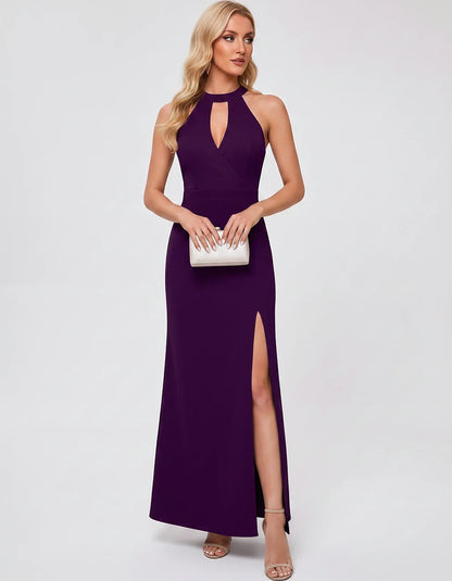 Polyester Sleeveless Halter Fit and Flare Maxi Dress for Party, Cocktail, Evening, Wedding Guest, Summer Events, front view | | SKU: VMD-583721946158374-PURPLE-L,VMD-583721946158374-PURPLE-M,VMD-583721946158374-PURPLE-S,VMD-583721946158374-PURPLE-XL,VMD-583721946158374-PURPLE-XS
