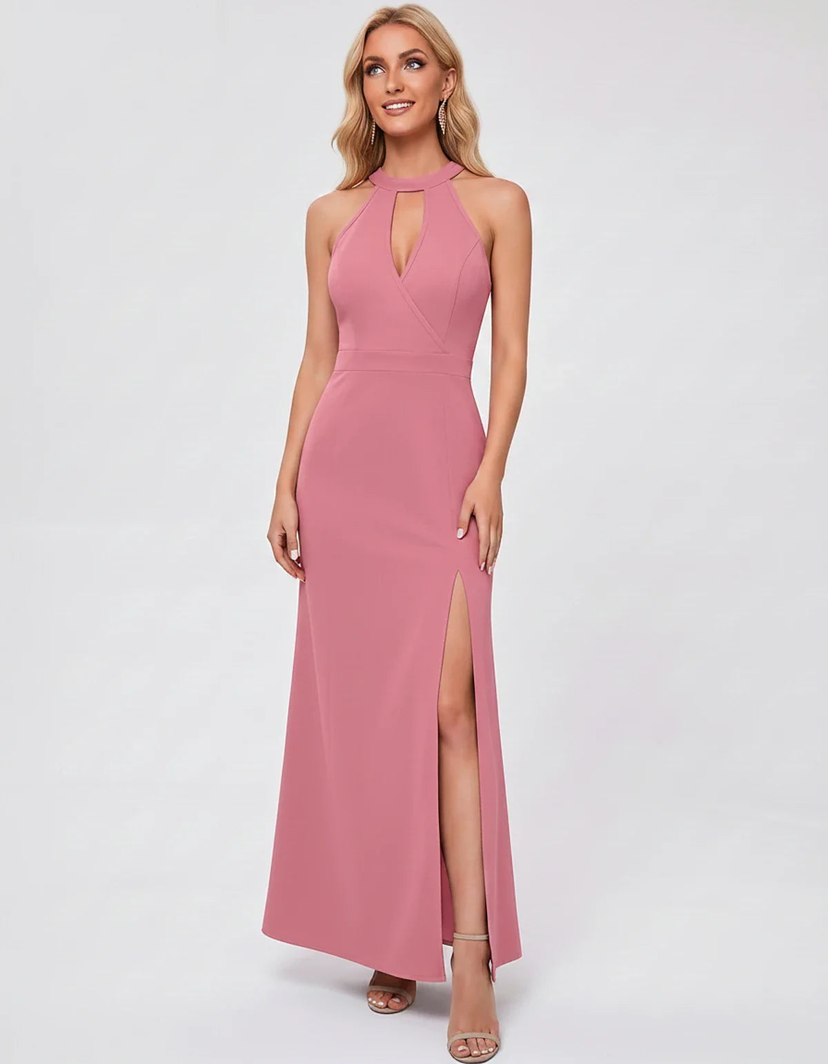 Polyester Sleeveless Halter Fit and Flare Maxi Dress for Party, Cocktail, Evening, Wedding Guest, Summer Events, front view | | SKU: VMD-583721946158374-PINK-L,VMD-583721946158374-PINK-M,VMD-583721946158374-PINK-S,VMD-583721946158374-PINK-XL,VMD-583721946158374-PINK-XS