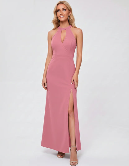 Polyester Sleeveless Halter Fit and Flare Maxi Dress for Party, Cocktail, Evening, Wedding Guest, Summer Events, front view | | SKU: VMD-583721946158374-PINK-L,VMD-583721946158374-PINK-M,VMD-583721946158374-PINK-S,VMD-583721946158374-PINK-XL,VMD-583721946158374-PINK-XS