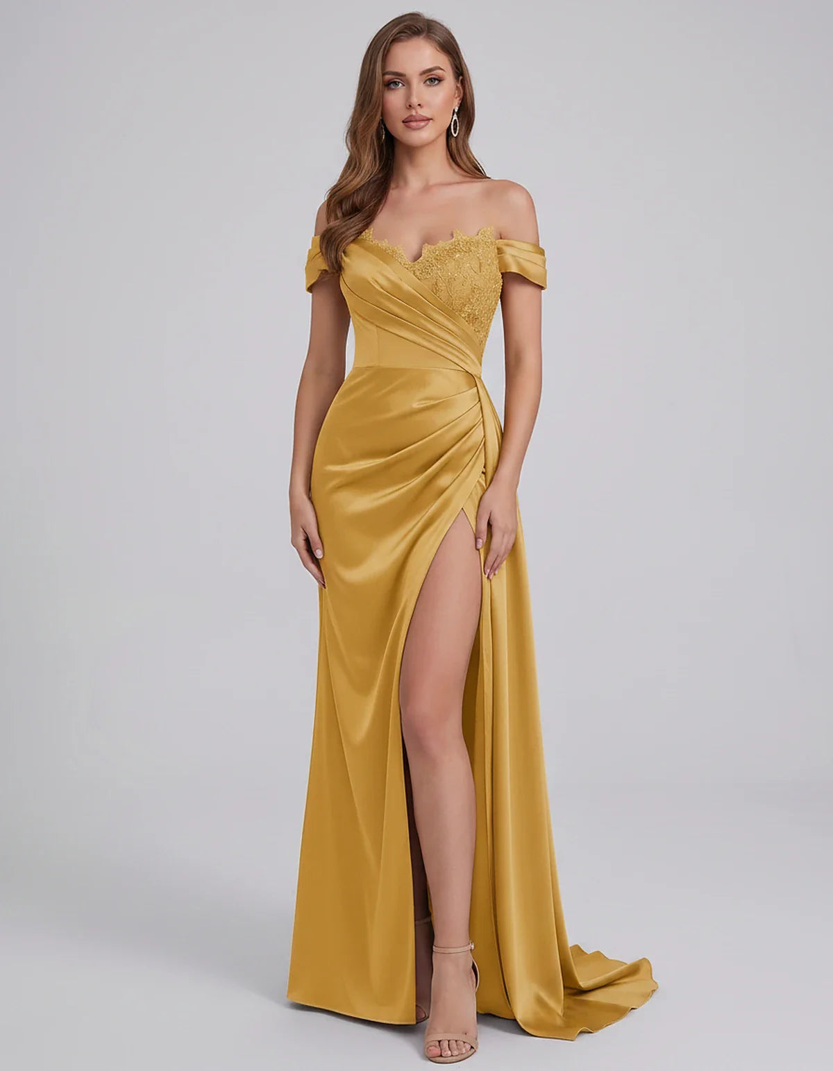 Satin Off-Shoulder Sweetheart Mermaid Maxi Dress with Lace Appliqué for Party, Cocktail, Evening, Wedding Guest & Summer Even | SKU: VMD-583924716582941-GOLD-L,VMD-583924716582941-GOLD-M,VMD-583924716582941-GOLD-S,VMD-583924716582941-GOLD-XL,VMD-583924716582941-GOLD-XS