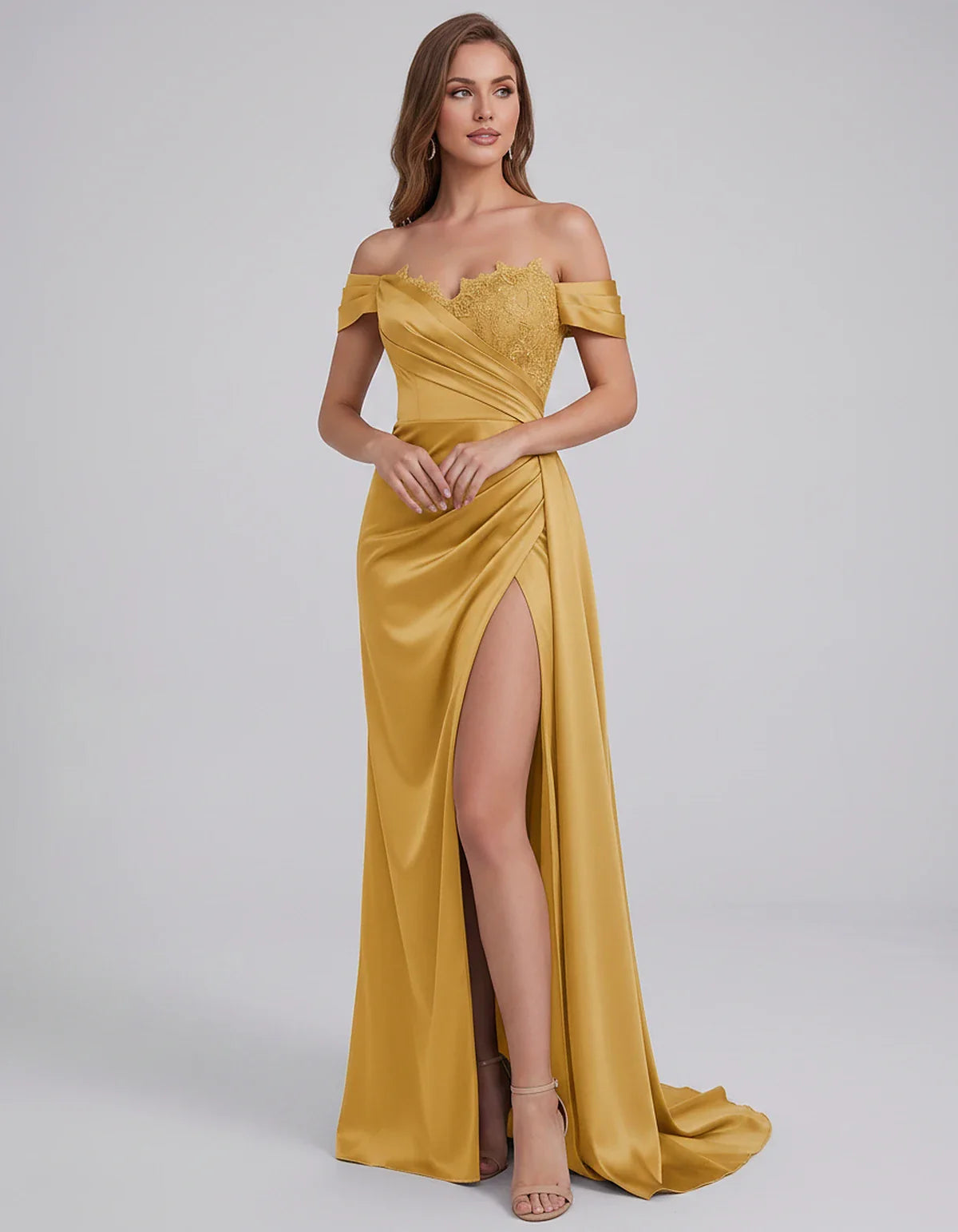Satin Off-Shoulder Sweetheart Mermaid Maxi Dress with Lace Appliqué for Party, Cocktail, Evening, Wedding Guest & Summer Even | SKU: VMD-583924716582941-GOLD-L,VMD-583924716582941-GOLD-M,VMD-583924716582941-GOLD-S,VMD-583924716582941-GOLD-XL,VMD-583924716582941-GOLD-XS