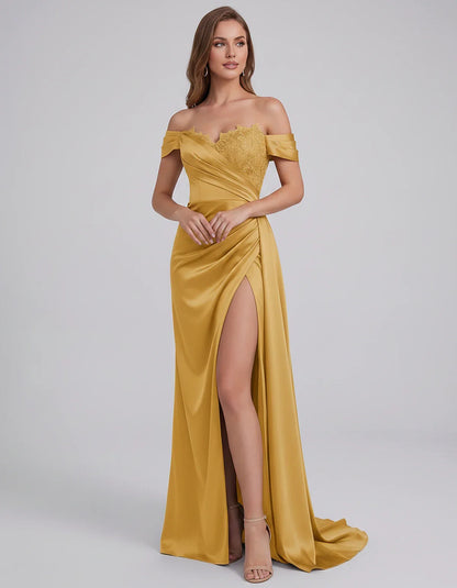 Satin Off-Shoulder Sweetheart Mermaid Maxi Dress with Lace Appliqué for Party, Cocktail, Evening, Wedding Guest & Summer Even | SKU: VMD-583924716582941-GOLD-L,VMD-583924716582941-GOLD-M,VMD-583924716582941-GOLD-S,VMD-583924716582941-GOLD-XL,VMD-583924716582941-GOLD-XS