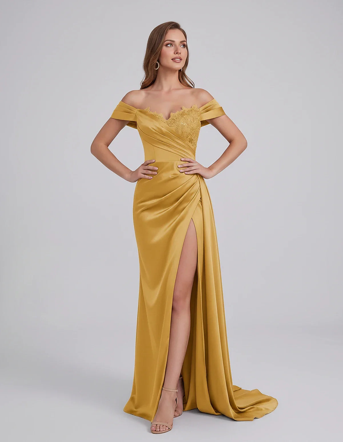 Satin Off-Shoulder Sweetheart Mermaid Maxi Dress with Lace Appliqué for Party, Cocktail, Evening, Wedding Guest & Summer Even | SKU: VMD-583924716582941-GOLD-L,VMD-583924716582941-GOLD-M,VMD-583924716582941-GOLD-S,VMD-583924716582941-GOLD-XL,VMD-583924716582941-GOLD-XS