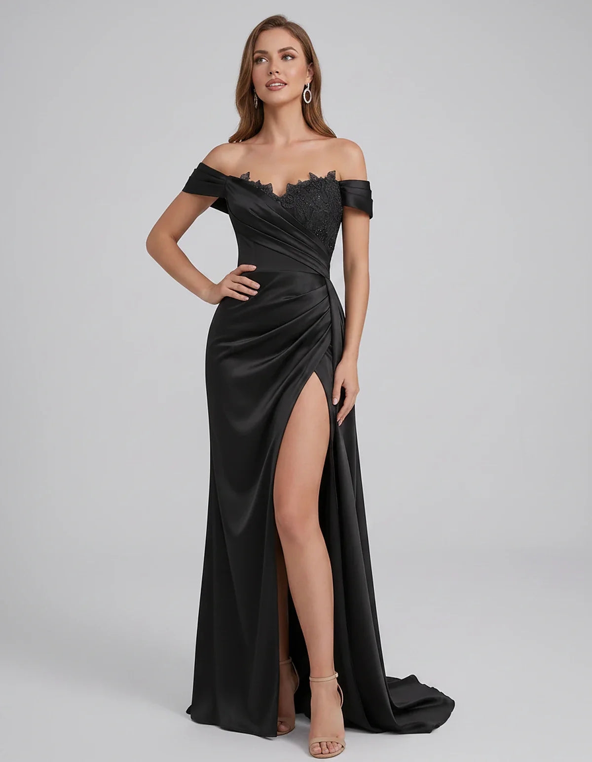 Satin Off-Shoulder Sweetheart Mermaid Maxi Dress with Lace Appliqué for Party, Cocktail, Evening, Wedding Guest & Summer Even | SKU: VMD-583924716582941-BLACK-L,VMD-583924716582941-BLACK-M,VMD-583924716582941-BLACK-S,VMD-583924716582941-BLACK-XL,VMD-583924716582941-BLACK-XS