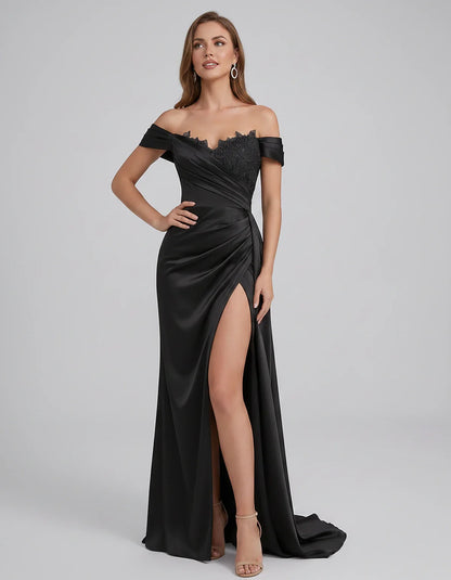 Satin Off-Shoulder Sweetheart Mermaid Maxi Dress with Lace Appliqué for Party, Cocktail, Evening, Wedding Guest & Summer Even | SKU: VMD-583924716582941-BLACK-L,VMD-583924716582941-BLACK-M,VMD-583924716582941-BLACK-S,VMD-583924716582941-BLACK-XL,VMD-583924716582941-BLACK-XS