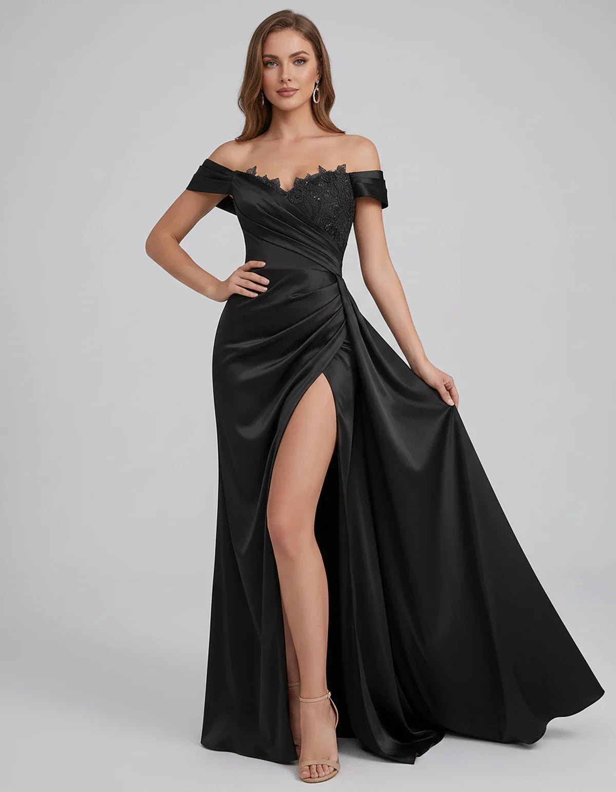 Satin Off-Shoulder Sweetheart Mermaid Maxi Dress with Lace Appliqué for Party, Cocktail, Evening, Wedding Guest & Summer Even | SKU: VMD-583924716582941-BLACK-L,VMD-583924716582941-BLACK-M,VMD-583924716582941-BLACK-S,VMD-583924716582941-BLACK-XL,VMD-583924716582941-BLACK-XS