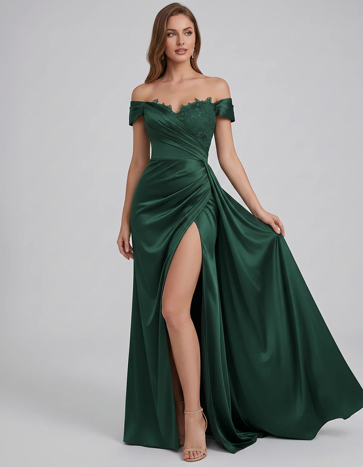 Satin Off-Shoulder Sweetheart Mermaid Maxi Dress with Lace Appliqué for Party, Cocktail, Evening, Wedding Guest & Summer Even | SKU: VMD-583924716582941-GREEN-L,VMD-583924716582941-GREEN-M,VMD-583924716582941-GREEN-S,VMD-583924716582941-GREEN-XL,VMD-583924716582941-GREEN-XS