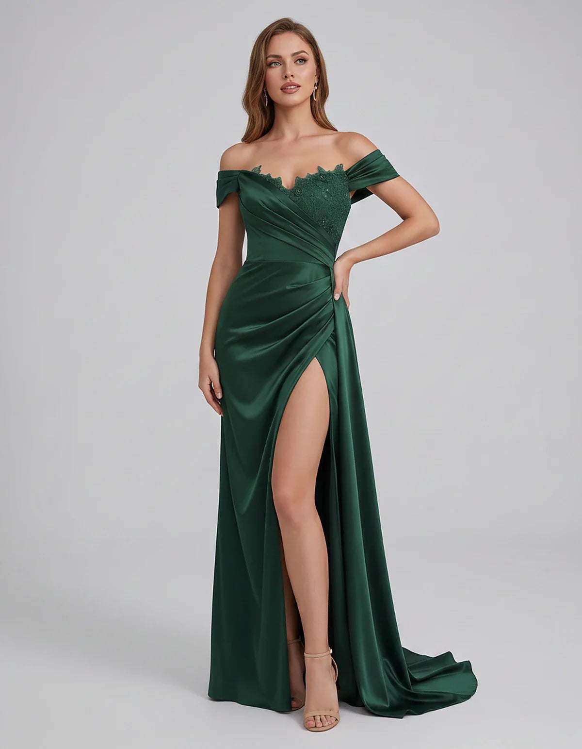 Satin Off-Shoulder Sweetheart Mermaid Maxi Dress with Lace Appliqué for Party, Cocktail, Evening, Wedding Guest & Summer Even | SKU: VMD-583924716582941-GREEN-L,VMD-583924716582941-GREEN-M,VMD-583924716582941-GREEN-S,VMD-583924716582941-GREEN-XL,VMD-583924716582941-GREEN-XS